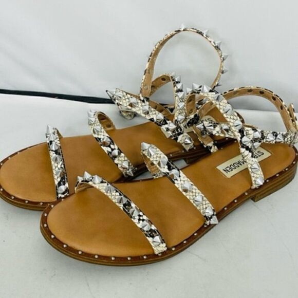 Steve Madden snakeskin Travel Rock Stud Flat Sandals Ankle Strap Size 6.5 Excell - Picture 1 of 7